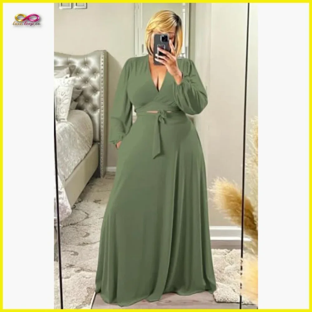 Wrap Crop Top Maxi Skirt Set Elegant Chic Matching Outfit Long Sleeve
